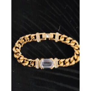 Vintage Swarovski SAL Gold Tone Emerald Cut Crystal Curb Chain Bracelet 7.25in